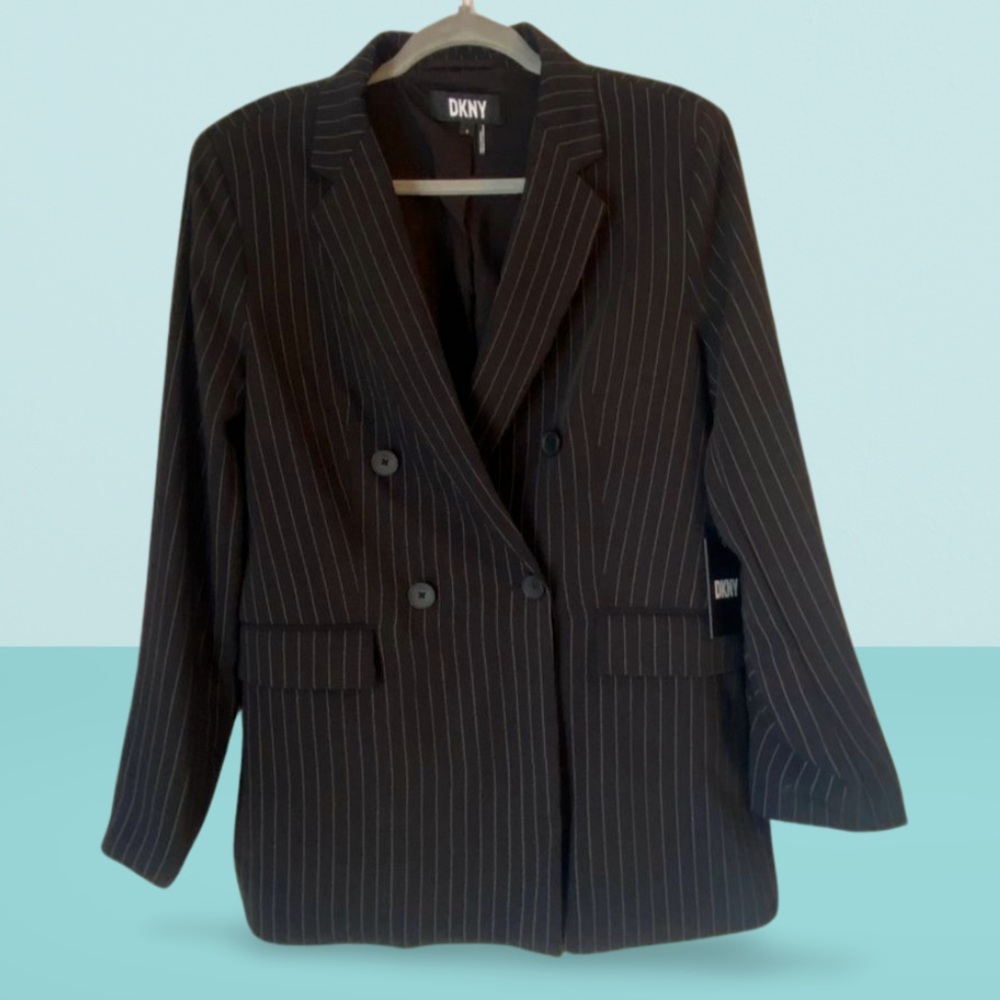 DKNY Medium M Womens Oversized Pinstripe Black Suit Jacket Double Breasted NWT